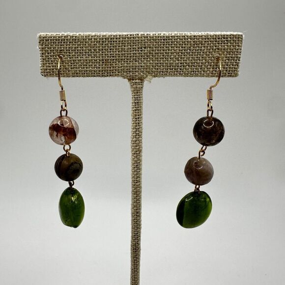 2.5" Green glass and agate stone dangle earrings with gold over 925 hooks! - Picture 4 of 14